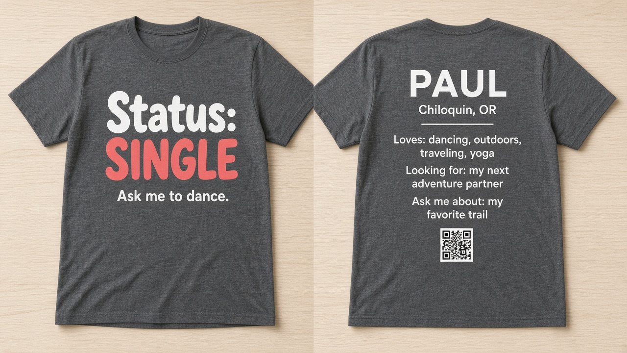 Front and back of a charcoal MingleWear t-shirt. The front reads 'Status: SINGLE. Ask me to dance.' The back shows a mini profile: Paul, Chiloquin, OR; loves dancing, outdoors, traveling, yoga; looking for my next adventure partner; ask me about my favorite trail; plus a QR code.